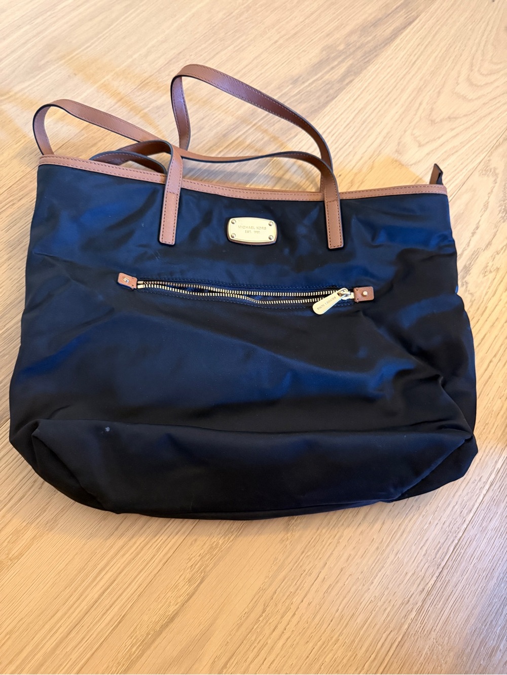 Michael Kors Black Nylon Tote with Brown Leather Accents